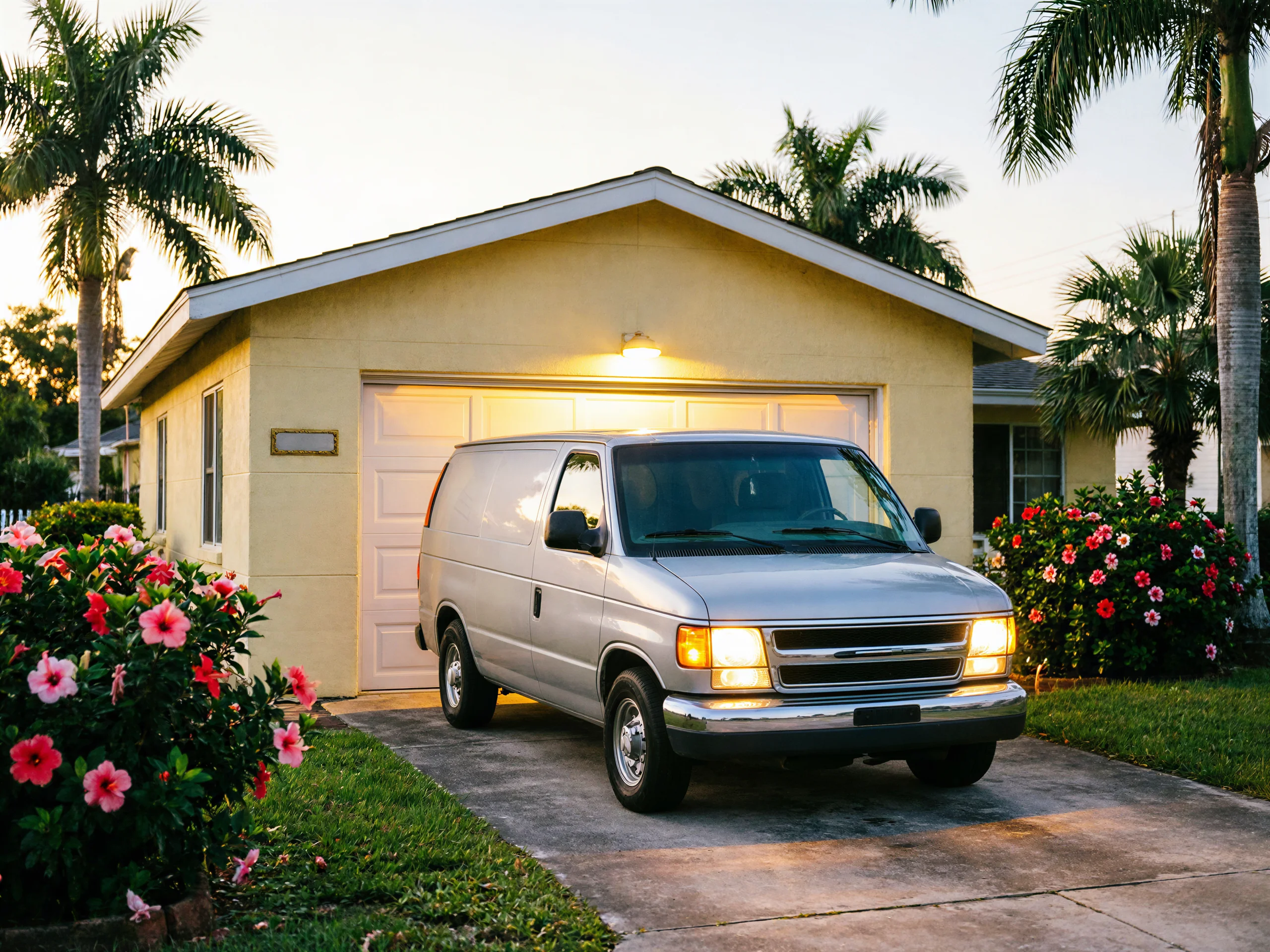 A silver van is parked in a driveway in front of a yellow house with a garage.