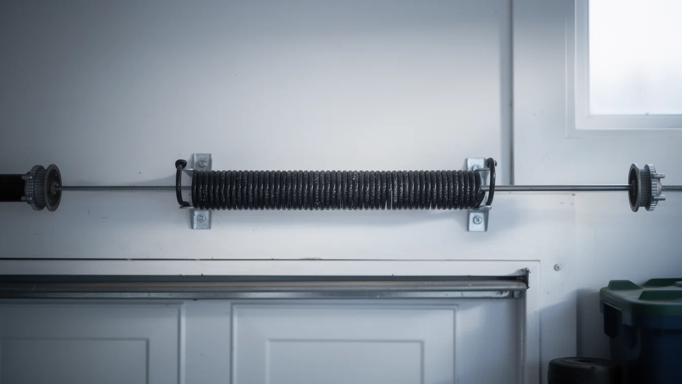 A black torsion spring is mounted above a white garage door.