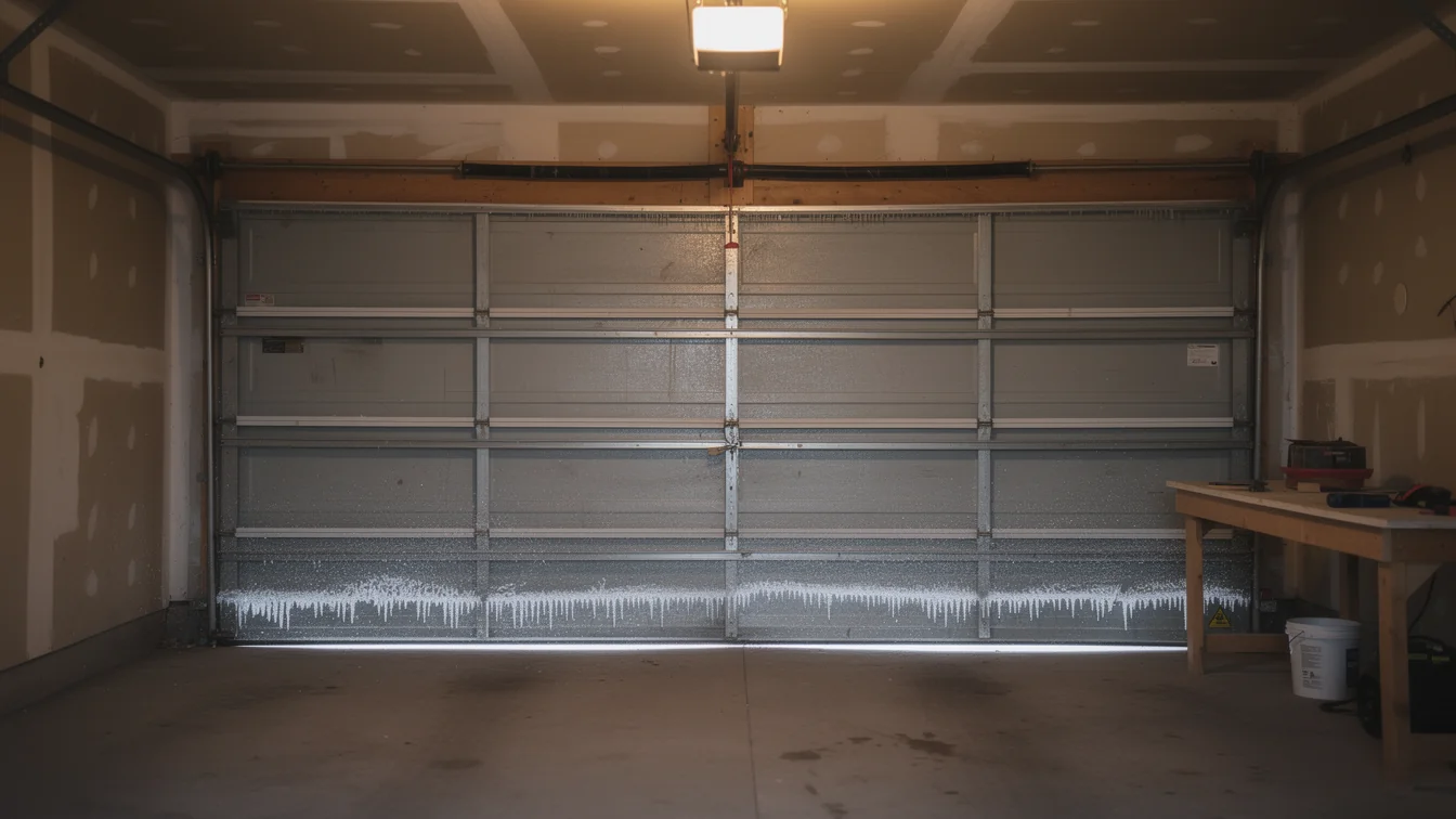 A closed garage door with icicles on the bottom.
