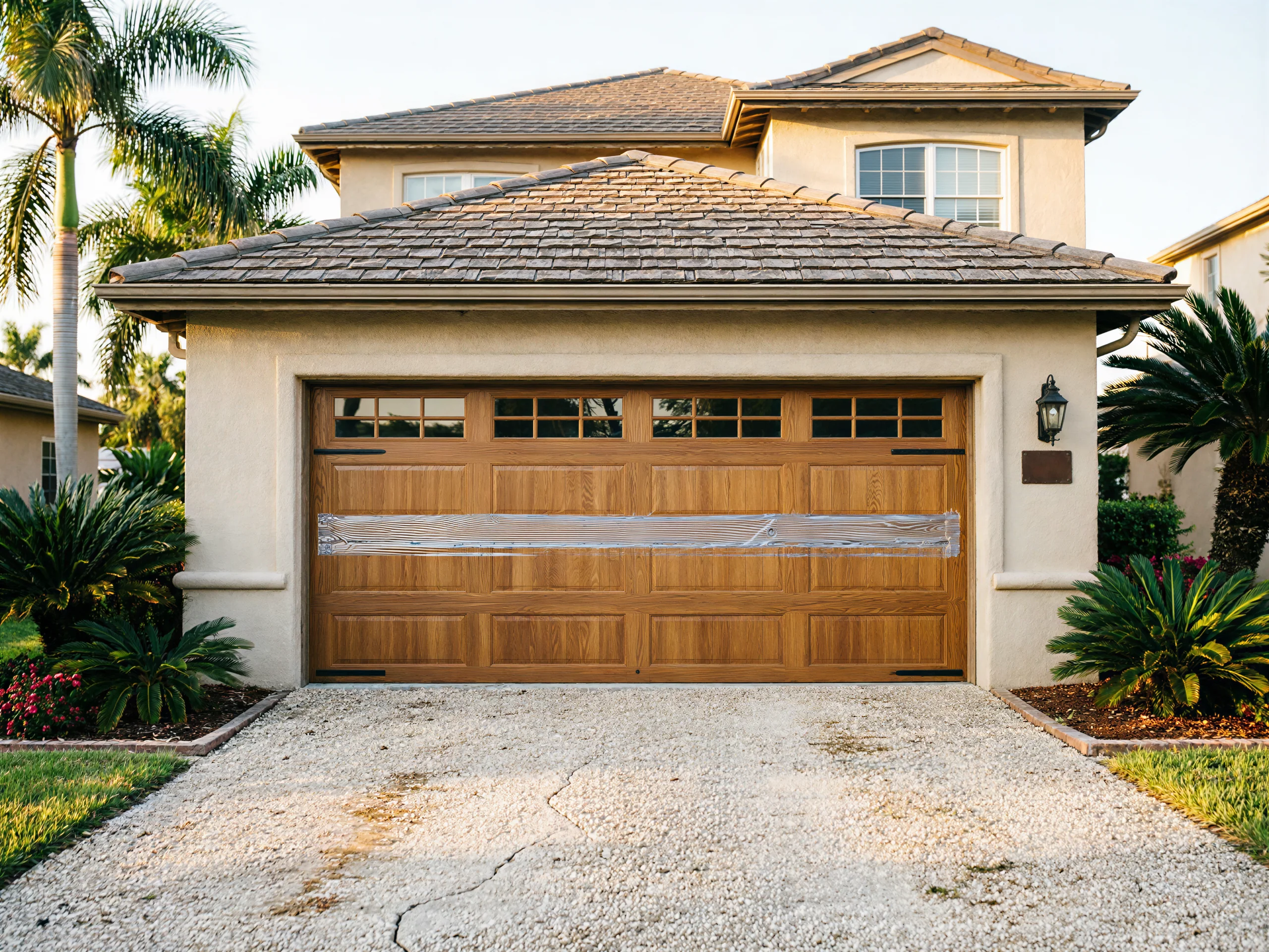 A house with a wooden garage door and a clear plastic covering.