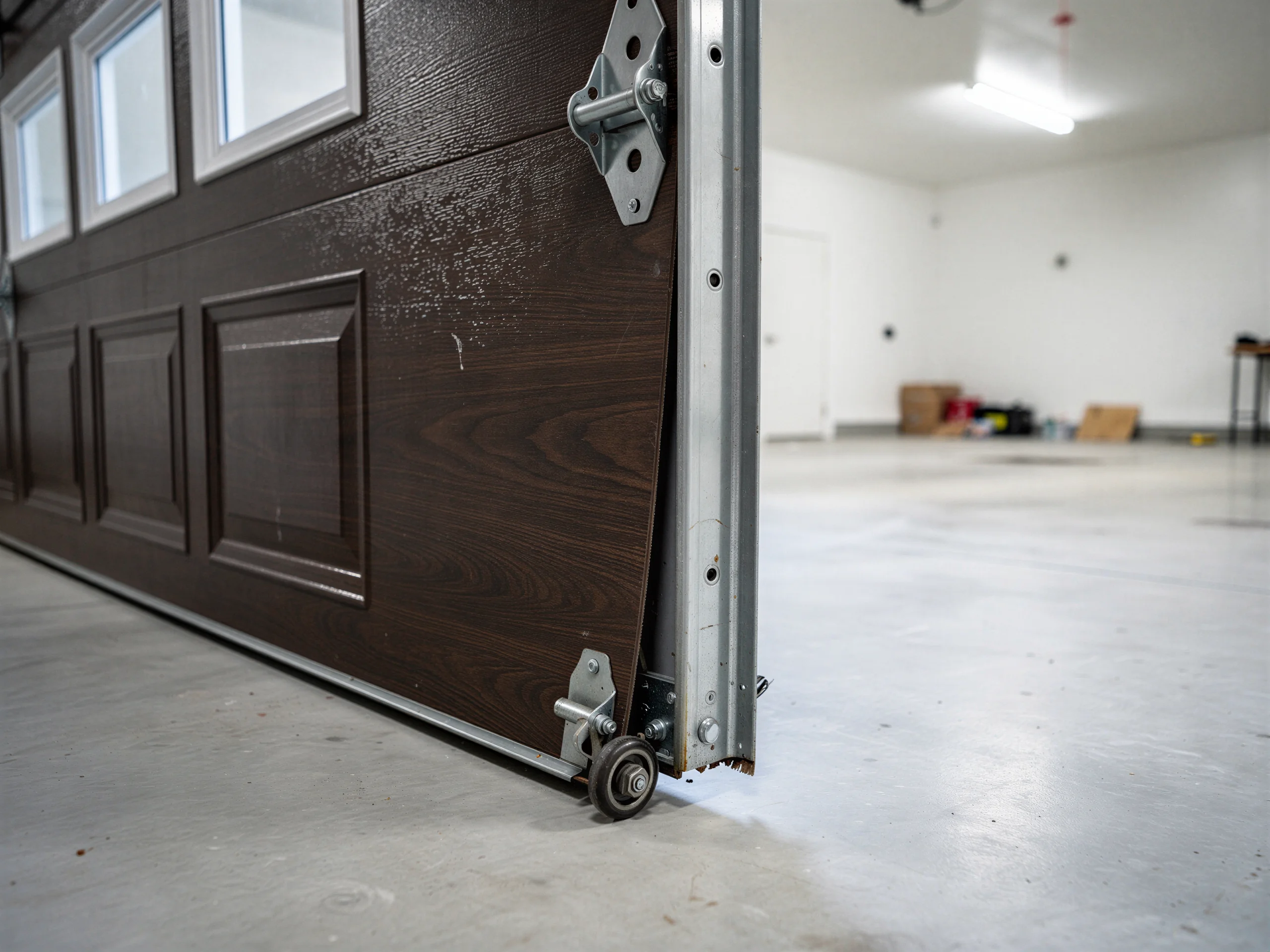 A brown garage door with windows is off its track inside a garage.